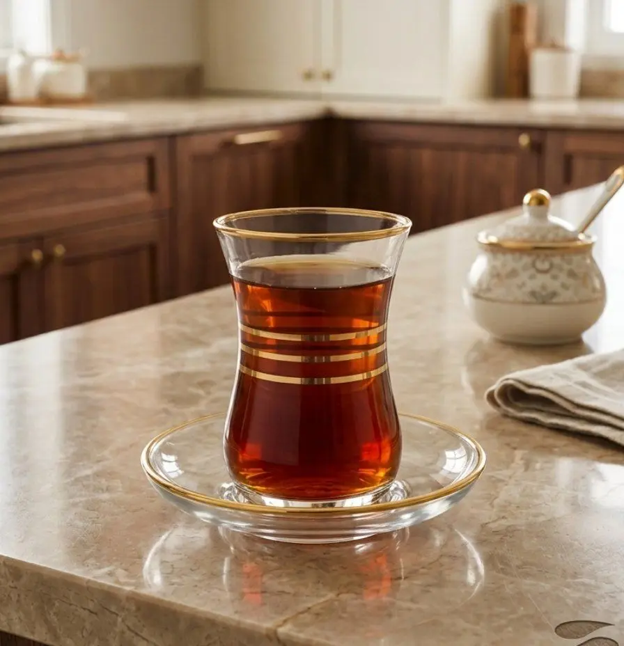 استکان نعلبکی کمر باریک لب طلایی پاشاباغچه اصل ترکیه در دست
